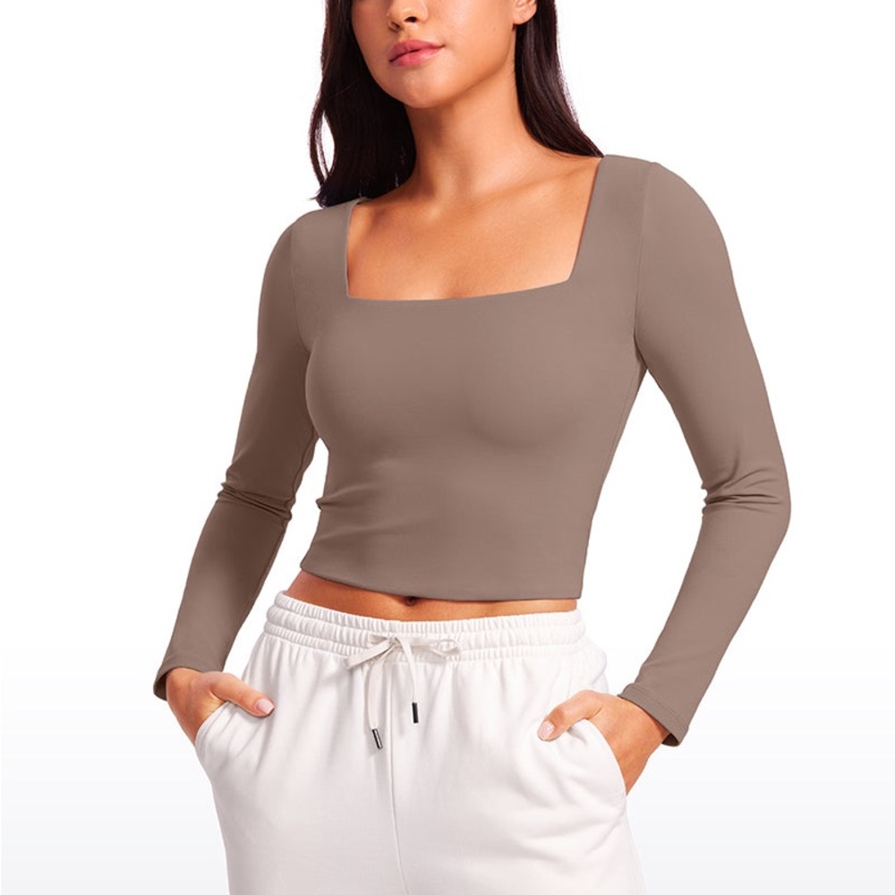 CRZ YOGA Butterluxe Double Lined Cropped Long Sleeves Square Neck Brown Purple S